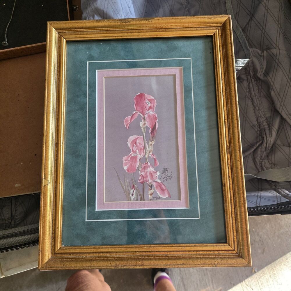 Larry Burton Signed Iris Floral Print, Matted & Framed Portrait, Small